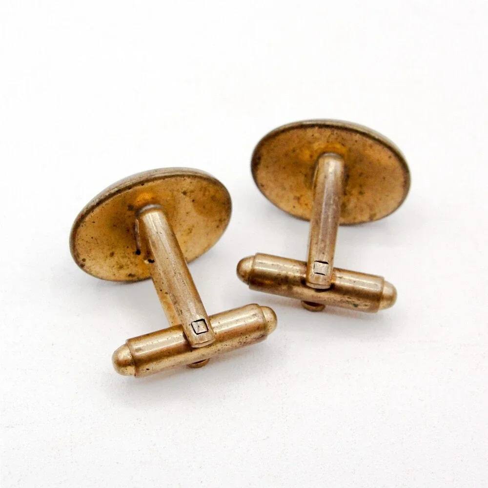 Vintage Gold Tone Blue White Swirl Glass Oval Cufflinks Retro MCM Classic